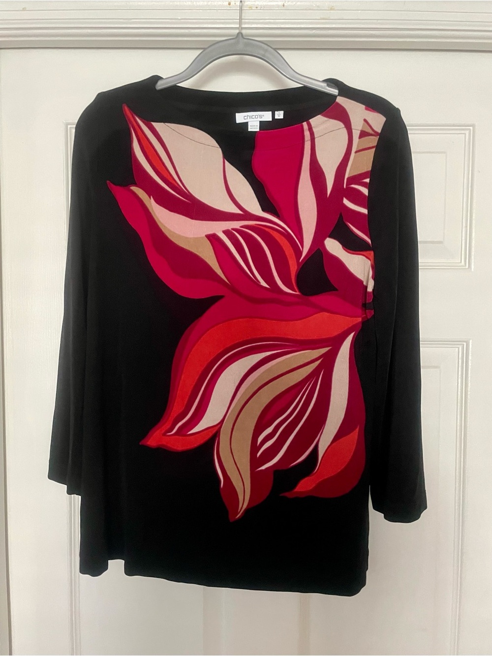 Chico's Black Pink Floral-Print Top medium